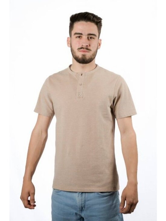 Mens Beige Henley Shirt Short Sleeve Casual Fit XL - Picture 3 of 3